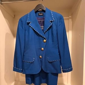 1980s Vintage Royal Blue Silk suit with padded shoulders